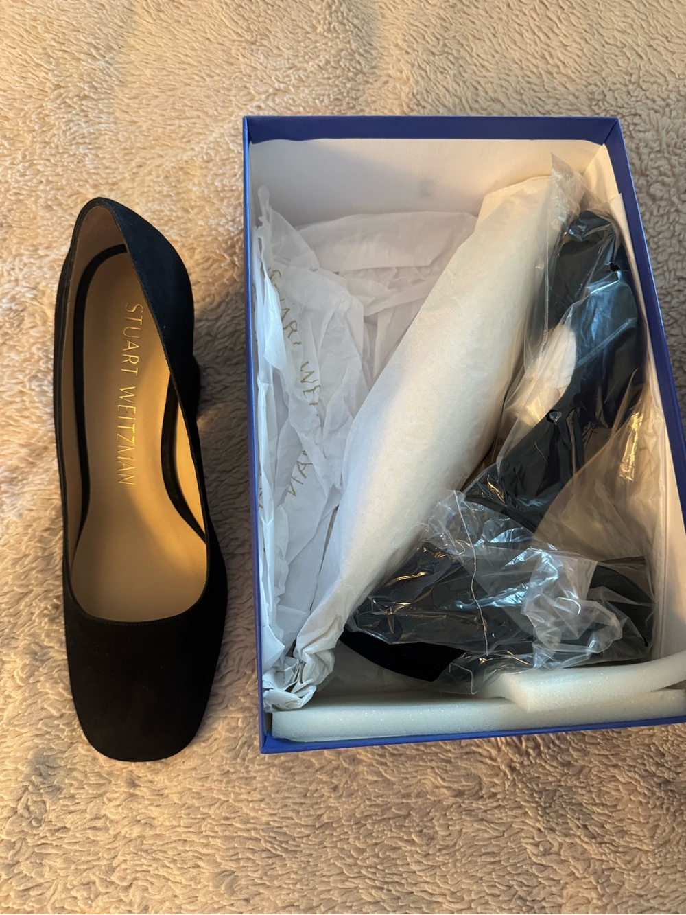 Stuart Weitzman Black Suede Square-Toe Pumps with Low Heel